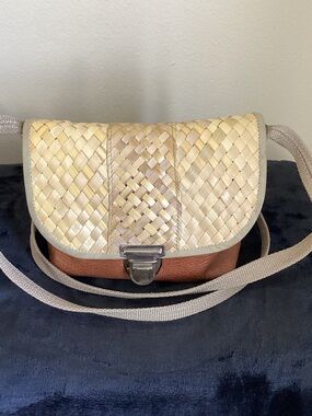 Woven Straw and Brown Leather Crossbody Bag with Beige Strap